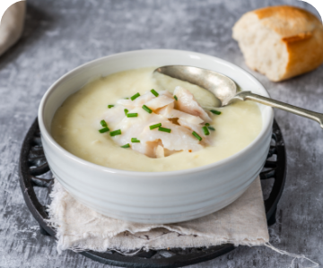 A bowl of chowder with a spoon