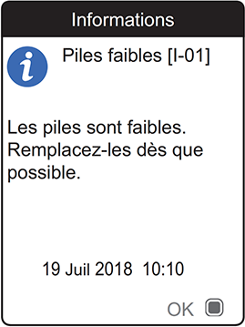 Un message de pile faible sur un appareil Roche CoaguChek