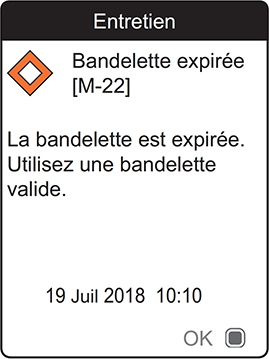 Un message de bandelette-test expirée sur un appareil Roche CoaguChek